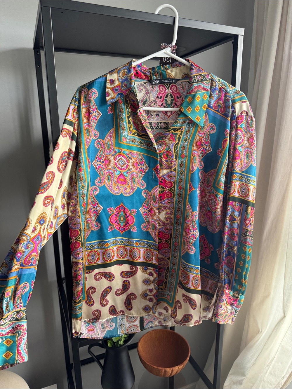 Zara Teal and Cream Paisley-Print Button-Down Shirt